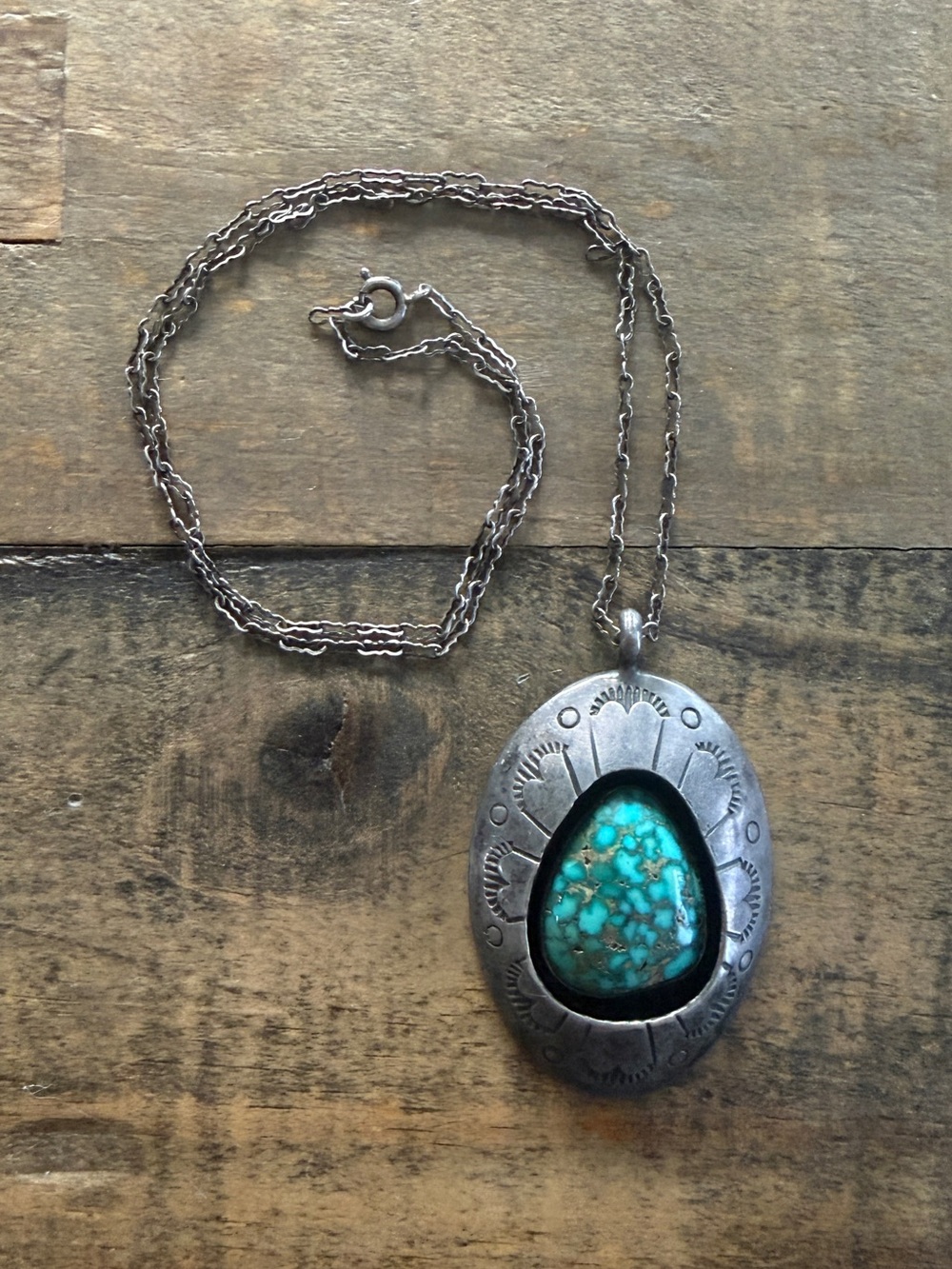 Vintage Native Navajo Sterling Silver Turquoise Shadowbox Pendant Necklace 18”